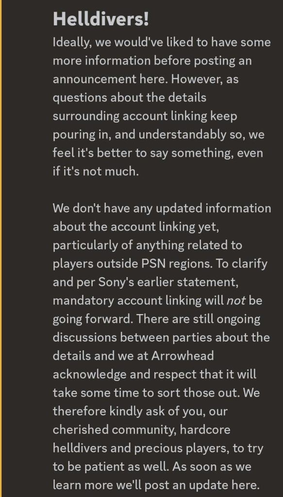Helldivers 2 community manager's message to the fans.
