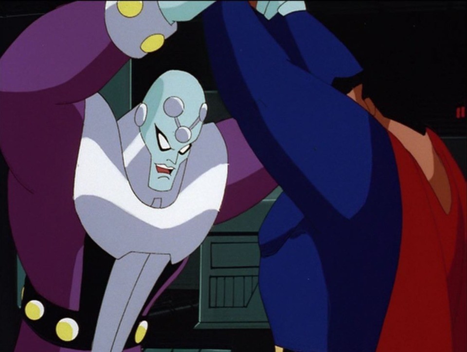 Brainiac in a battle with Superman in Superman: The Animated Series