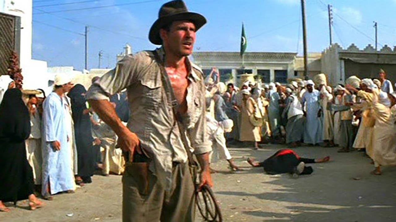Harrison Ford shoots a Tunisian henchman in a scene from Raiders of the Lost Ark