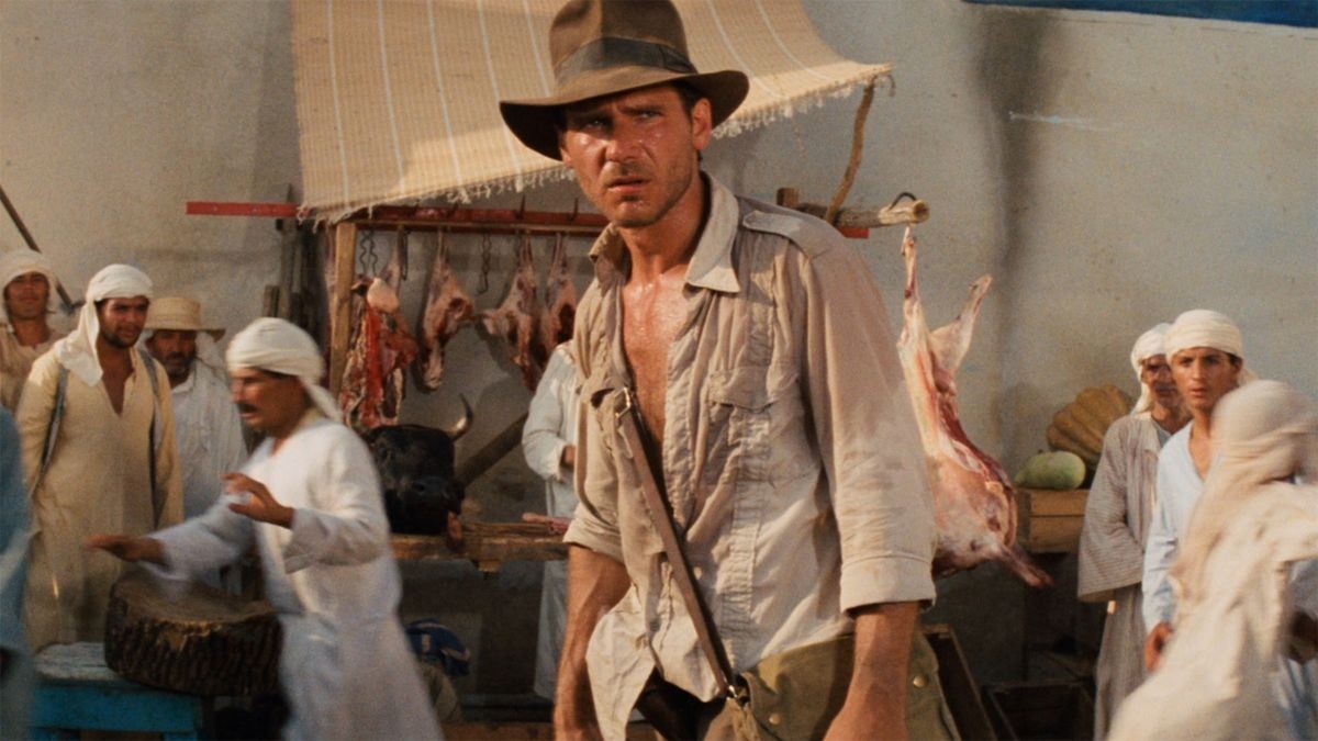 Harrison Ford confronts a henchman in Tunisia in Raiders of the Lost Ark