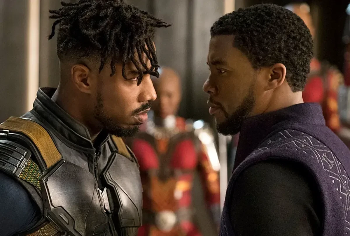Chadwick Boseman and Michael B. Jordan face off in a still from Black Panther