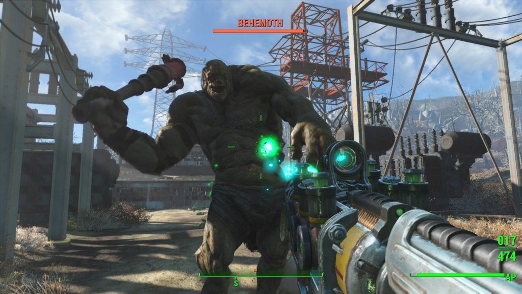 A player is being attacked by a Behemoth in Fallout 4.