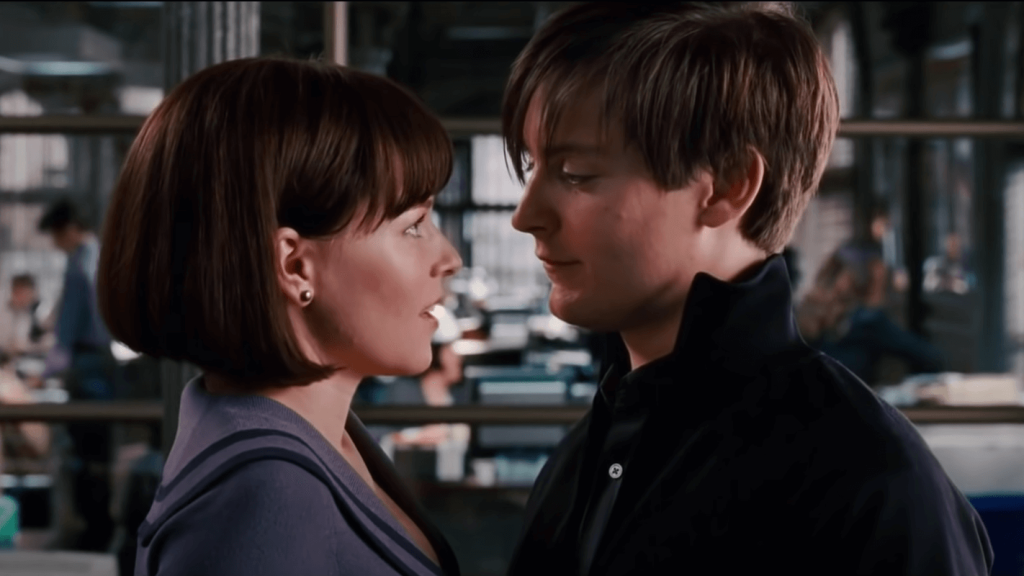 Betty Brant and Peter Parker in a still from the film.