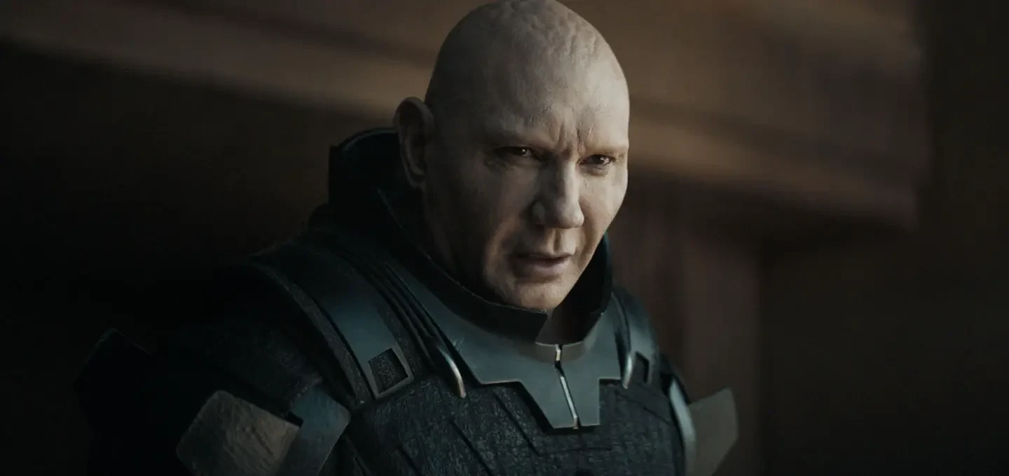 Dave Bautista as Glossu Rabban looks at the center of Arrakis in Dune: Part Two