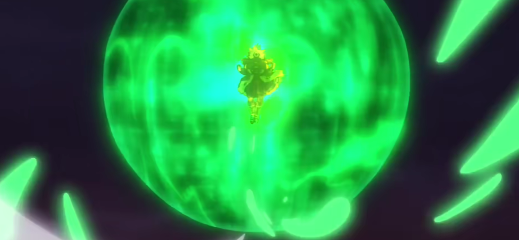 Broly releasing his stored Ki to avoid exploding