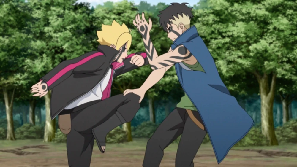 A still from the show where Kawaki and Boruto are sparring 