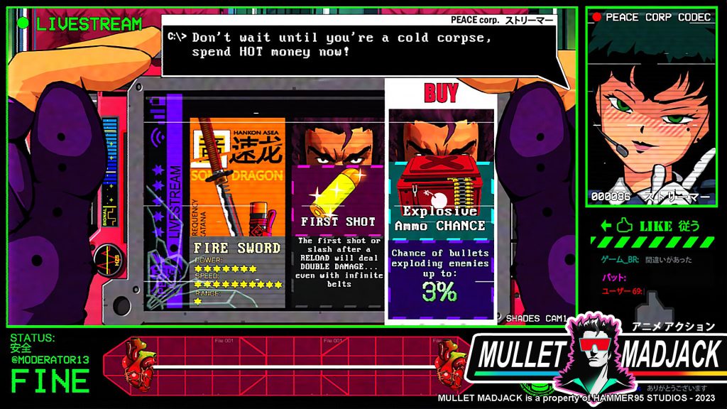 Even the upgrade screen in Mullet Madjack is steeped in Anime visuals.