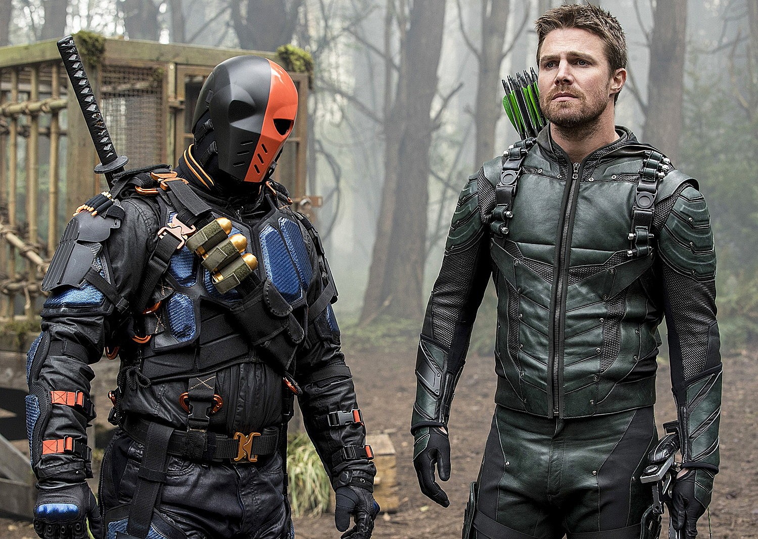 Deathstroke and Stephen Amell as Oliver Queen in Arrow