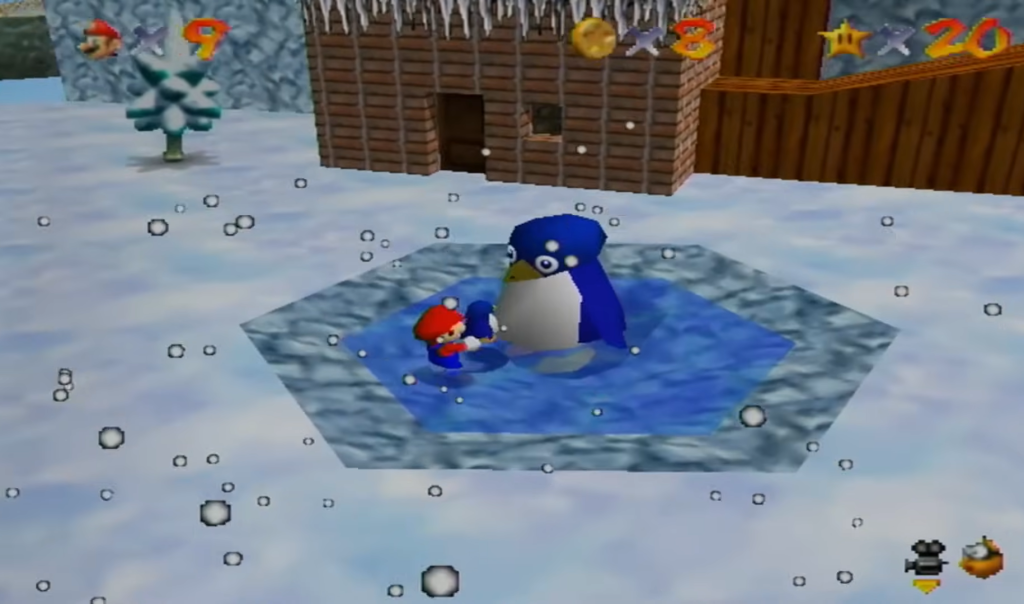 Mario reunites baby penguin with mother penguin.