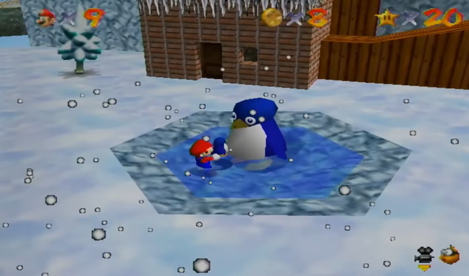 Mario reunites baby penguin with mother penguin.