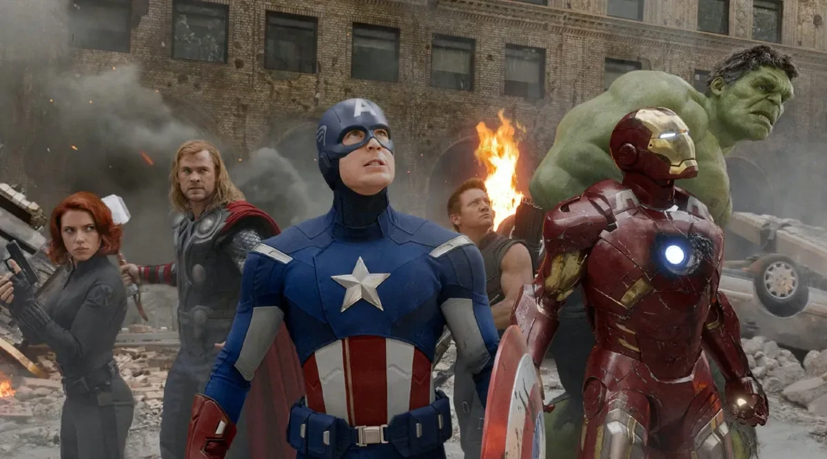 The six main avengers in A still from The Avengers