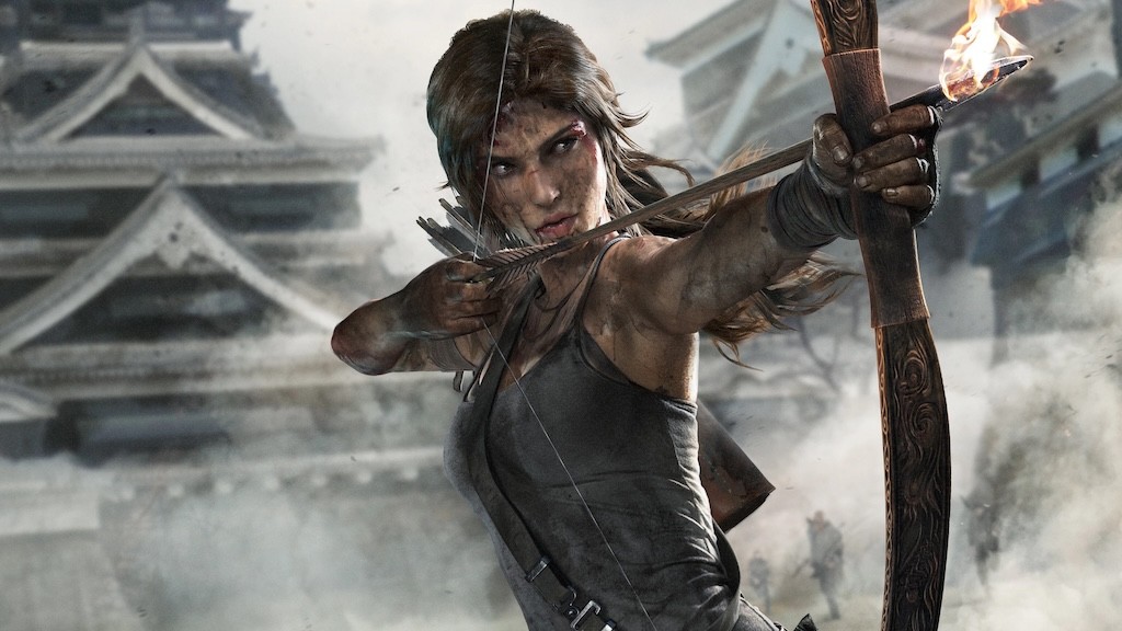 Lara Croft holding a bow with a about to shoot a flaming arrow. Artwork from Tomb Raider (2013)
