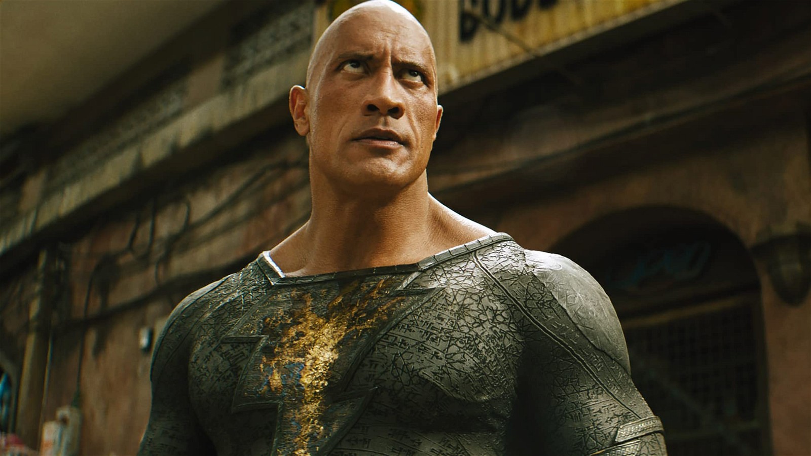 Dwayne Johnson in an action sequence in Black Adam