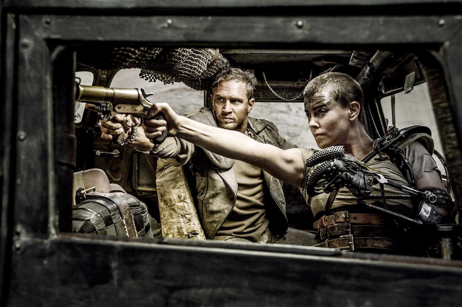 Tom Hardy and Charlize Theron in an action sequence in George Miller's Mad Max: Fury Road