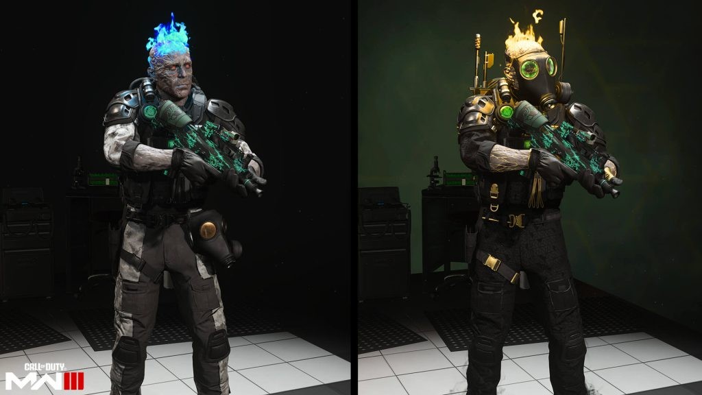 The "Gilded Virus" Skins for Soap in <em>Call of Duty</em> Season 4 feature blue and golden flames coming out of his head.