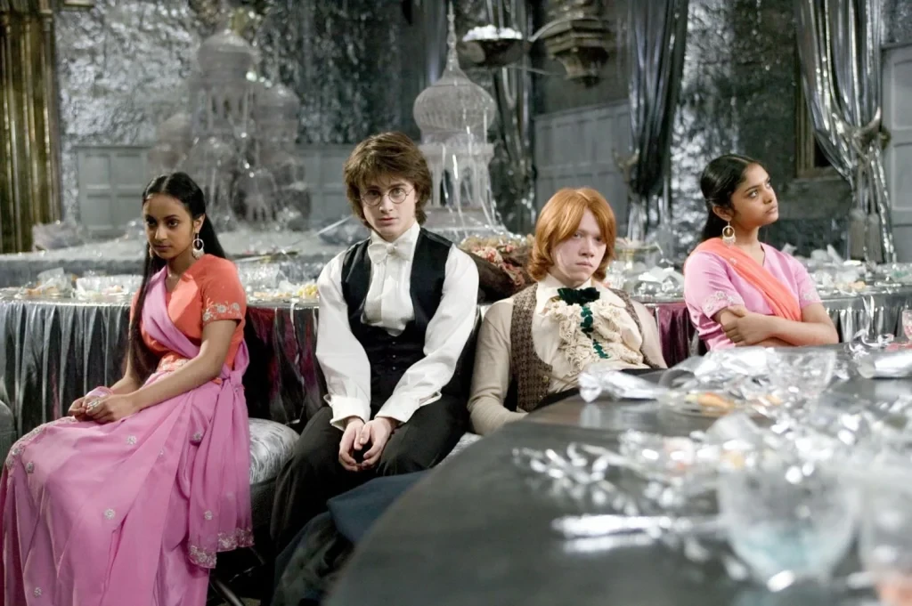 A still from the Yule Ball featuring Harry Potter and Ron Weasley