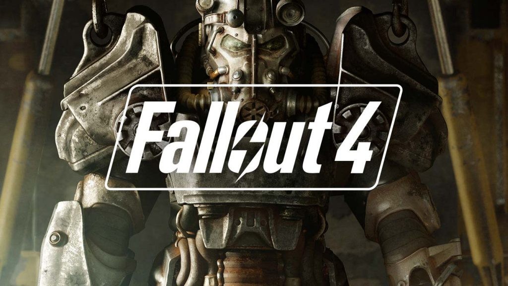 Fallout Logo with a set of power armour behind it.