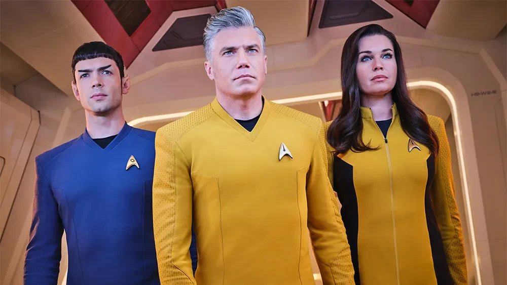 Anson Mount, Ethan Peck, and Jess Bush in a still from Star Trek: Strange New Worlds