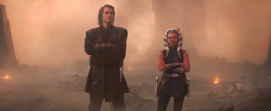 Rosario Dawson’s Ahsoka Tano and Hayden Christensen’s Anakin Skywalker in Star Wars: Ahsoka 