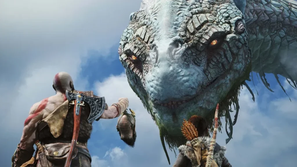 Kratos stands in front of the world serpent in God of War 2018