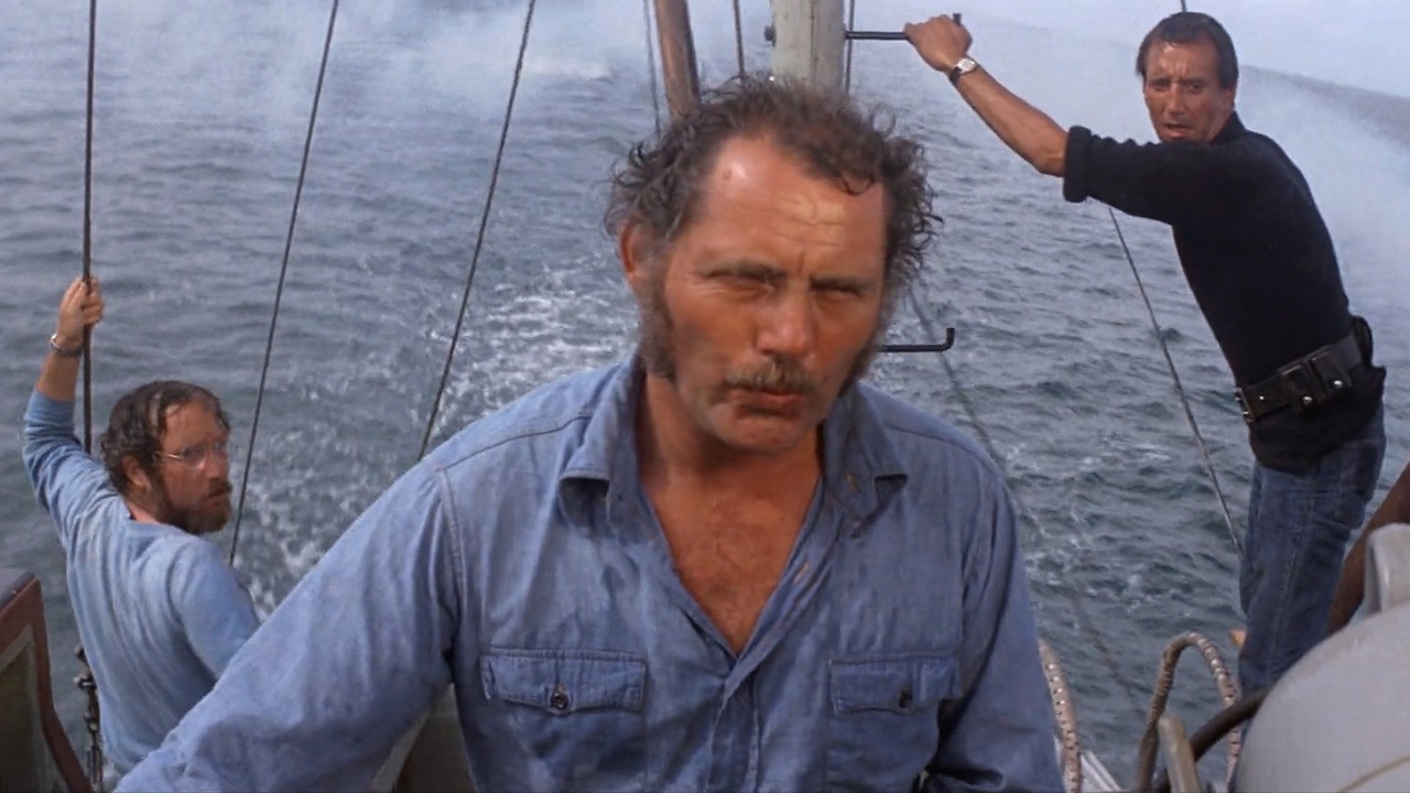 Robert Shaw, Richard Dreyfus, and Roy Scheider head to the ocean to hunt a shark in Jaws