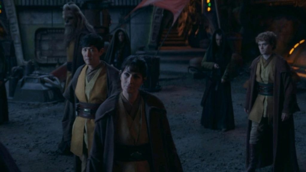 Carrie-Anne Moss, Lee Jung-jae, Dean-Charles Chapman, and Joonas Suotamo in The Acolyte (2024) | Image via Disney+