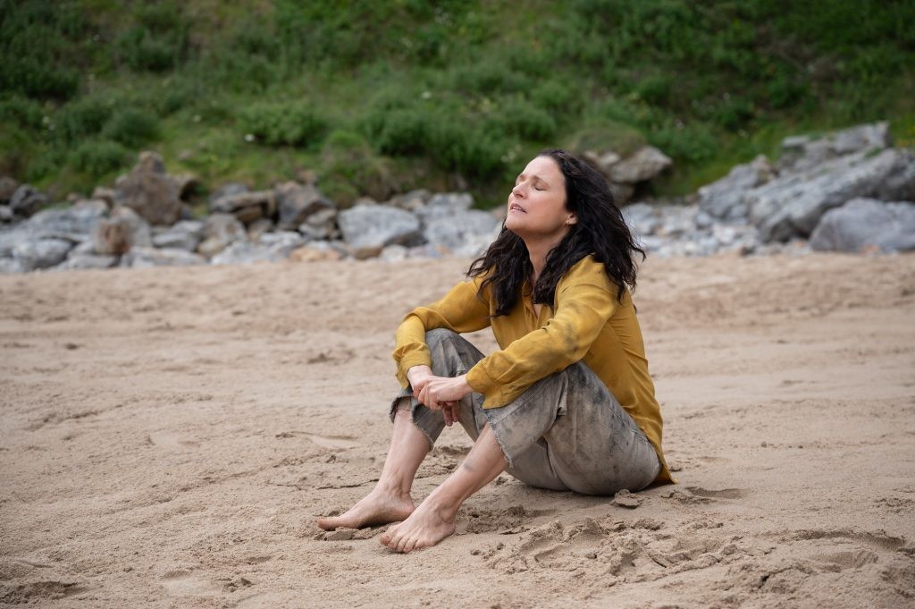 Tuesday Julia Louis-Dreyfus sits on a Beach.