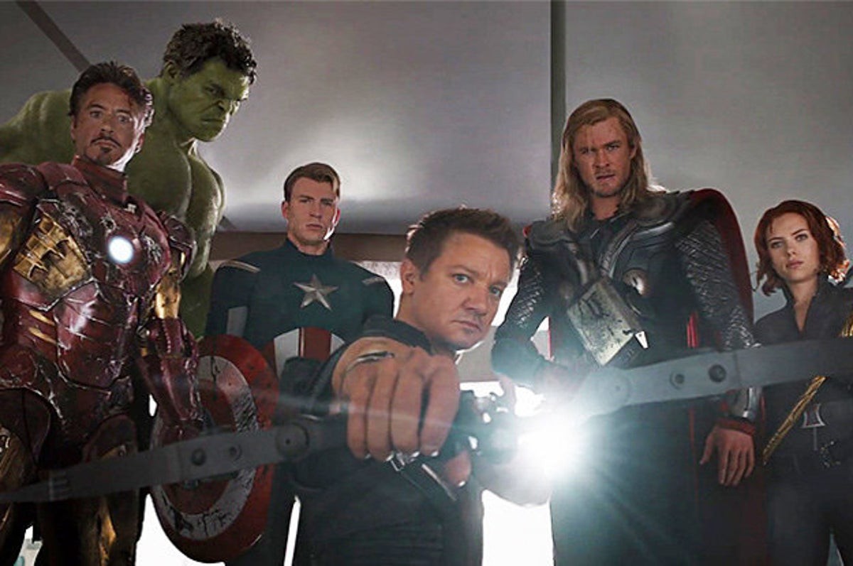 A screen-grab of the original six Avengers from The Avengers (2012) | Marvel Entertainment