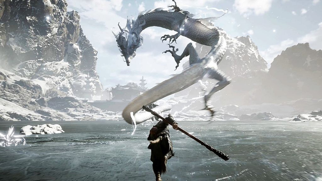 A colossal flying dragon boss as featured in a Black Myth: Wukong trailer.