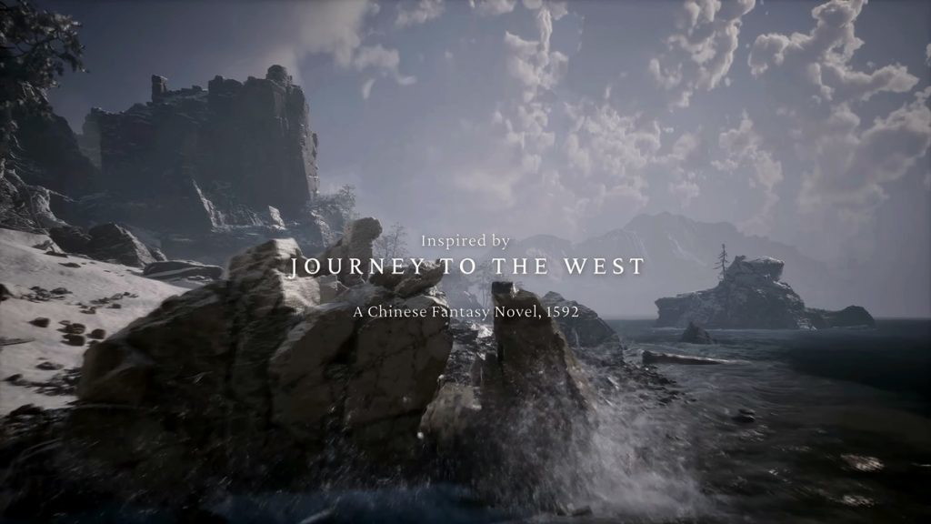 A still from the Black Myth: Wukong reveal trailer, with the words "Inspired by Journey to the West, a Chinese Fantasy Novel, 1592" appearing in the center.
