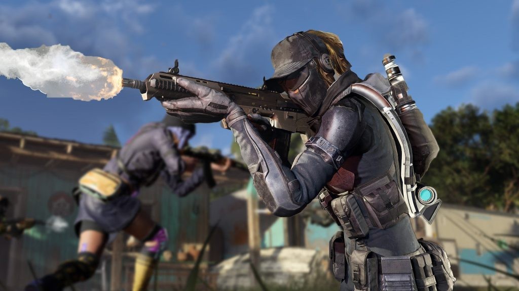 Artwork from XDefiant, showing an operator firing a gun.