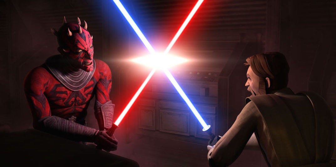 Darth Maul faces off against Obi-Wan Kenobi in The Clone Wars [Credit Lucasfilm Animation]