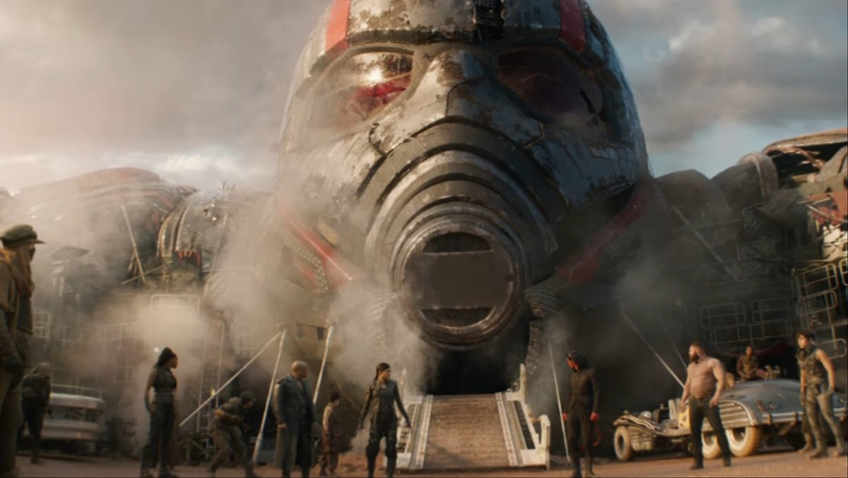 Screen-grab from the Deadpool & Wolverine trailer featuring the X-Men mutants looking at a giant Ant-Man skull