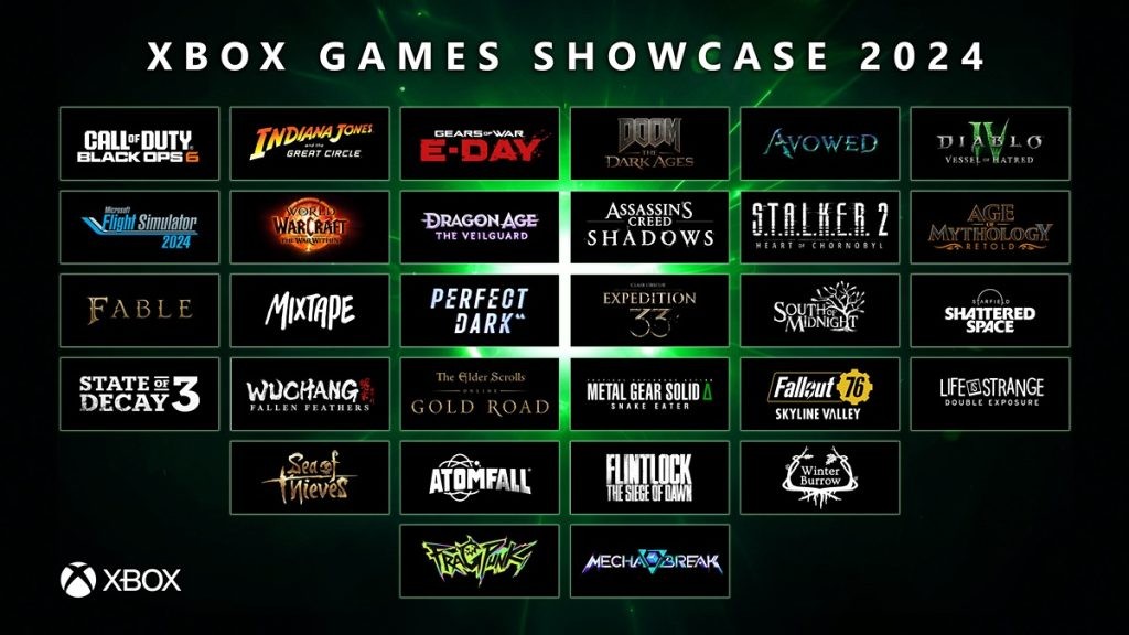 Image featuring the logos of every game that was presented in the Xbox Games Showcase 2024.