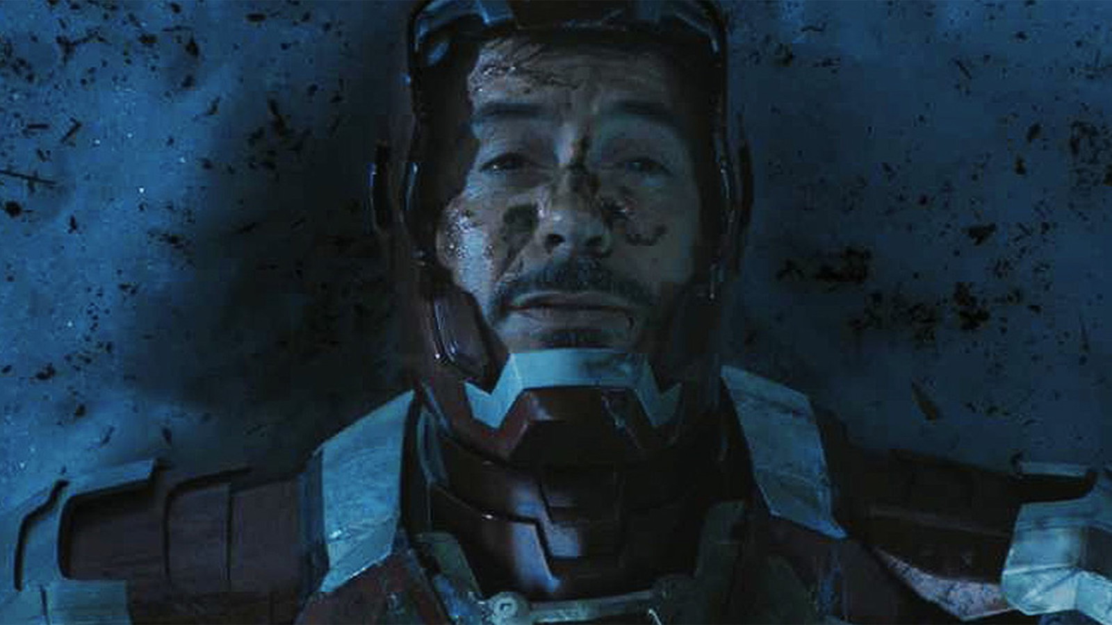 A still of Robert Downey Jr as Iron Man suffering from anxiety in Iron Man 3