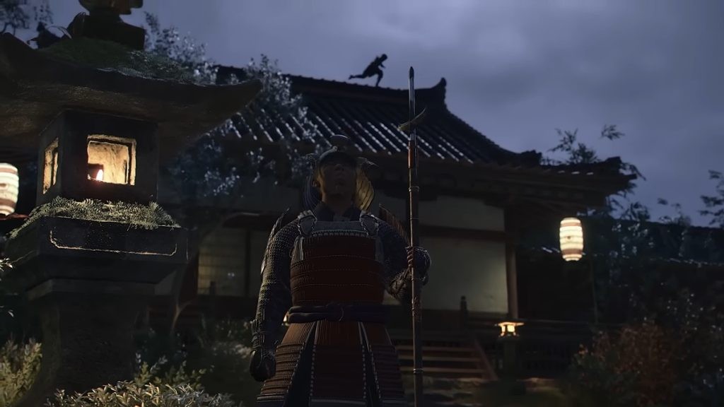 A scene from the Assassin's Creed Shadows gameplay trailer, featuring Naoe in the background running across a rooftop unnoticed.