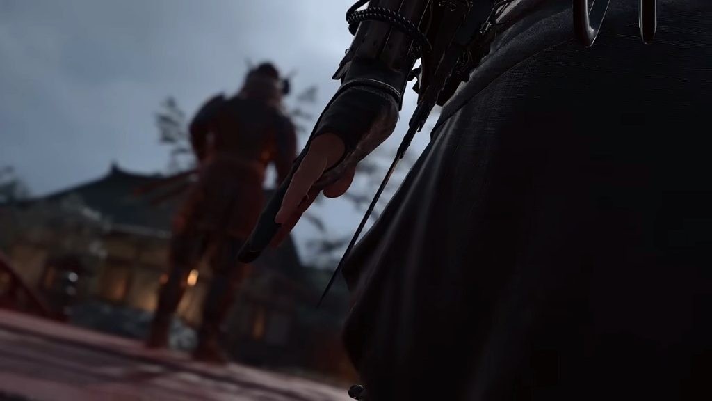 Assassin's Creed Shadows scene of the female protagonist, Naoe releasing her hidden blade weapon.
