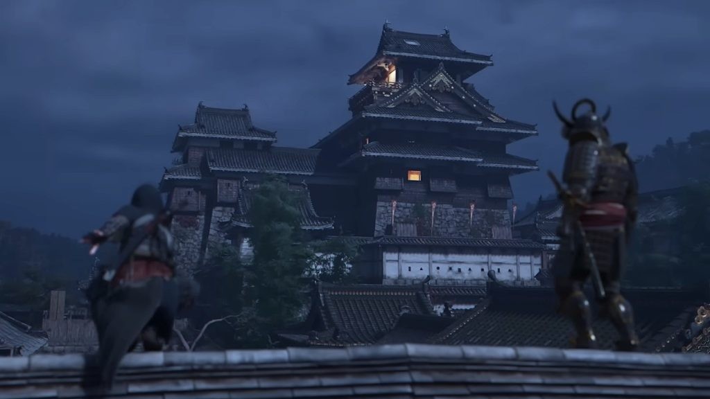 A screenshot from Assassin's Creed Shadows gameplay trailer, featuring Naoe and Yasuke standing on a rooftop.