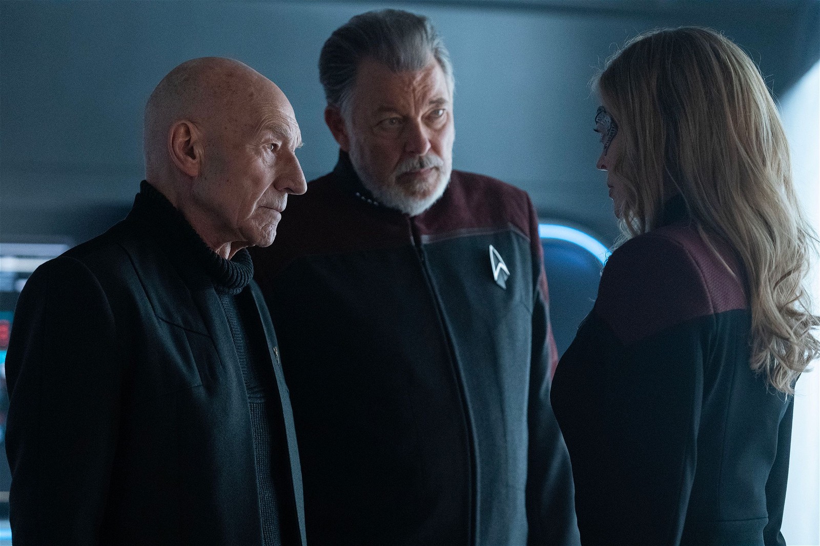 Sir Patrick Stewart with Jonathan Frakes in a still from Star Trek: Picard