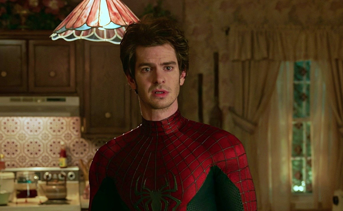 Andrew Garfield looking surprised as Spider-Man in Spider-Man: No Way Home