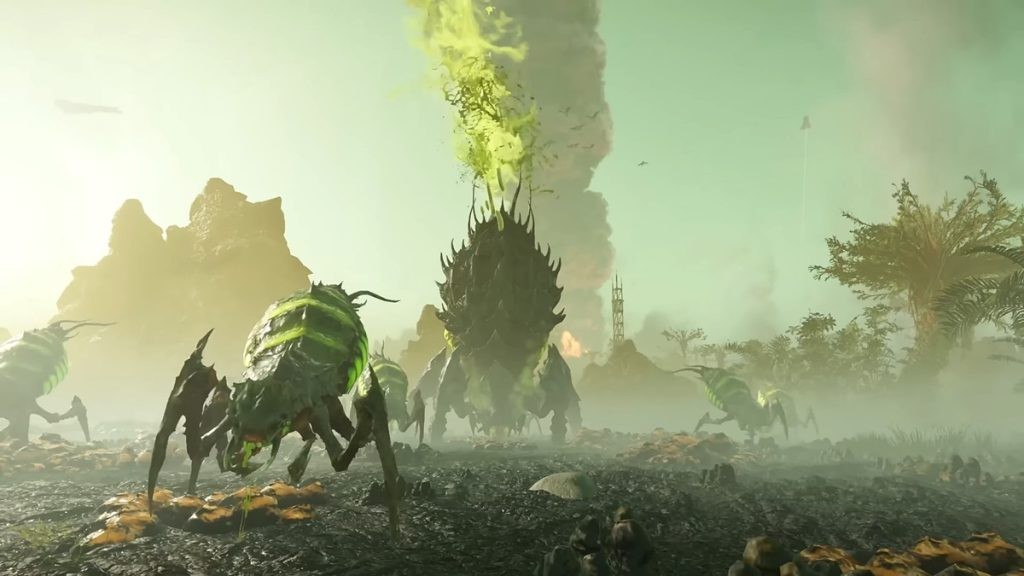 A scene from Helldivers 2 featuring an approaching group of insect-like Terminid enemies.