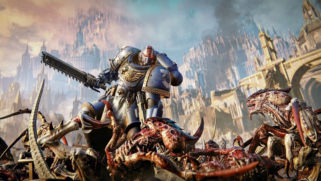 A scene from Warhammer 40,000: Space Marine 2, featuring a space marine slaying some alien Tyranids.