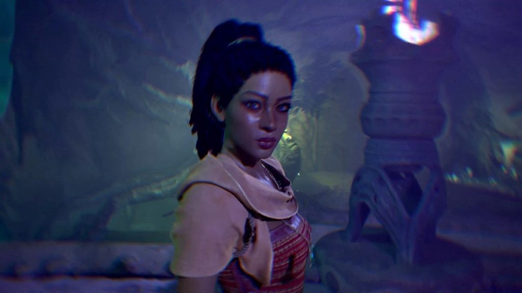 'Avowed' story trailer screenshot featuring a game character looking directly at the camera. 