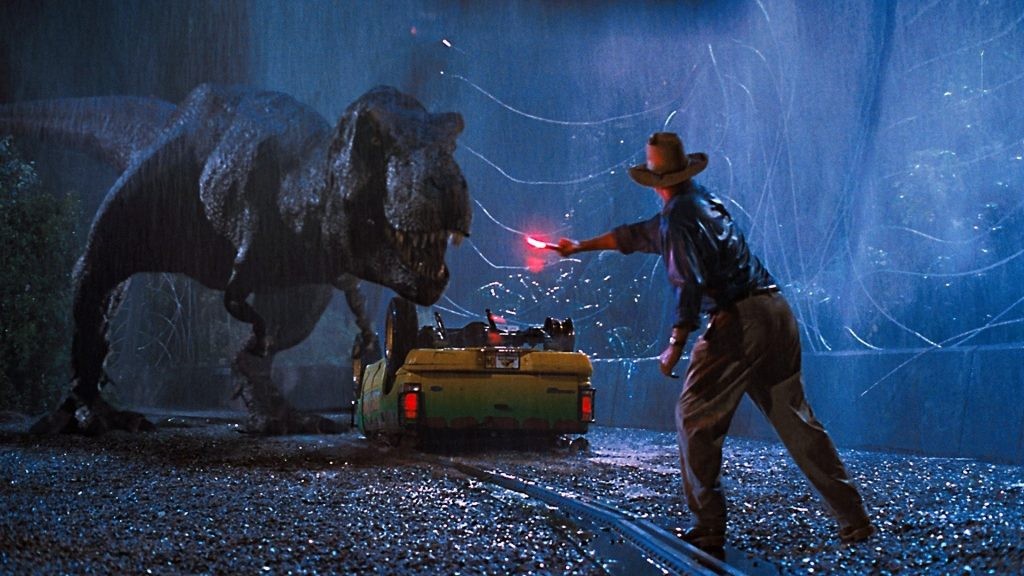 Potongan gambar dinosaurus dari Jurassic Park oleh Steven Spielberg
