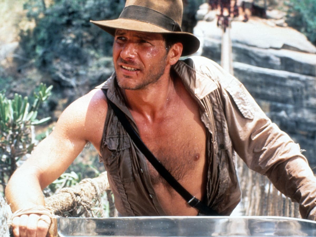 Harrison Ford in character as Indiana Jones in Indiana Jones and the Temple of Doom