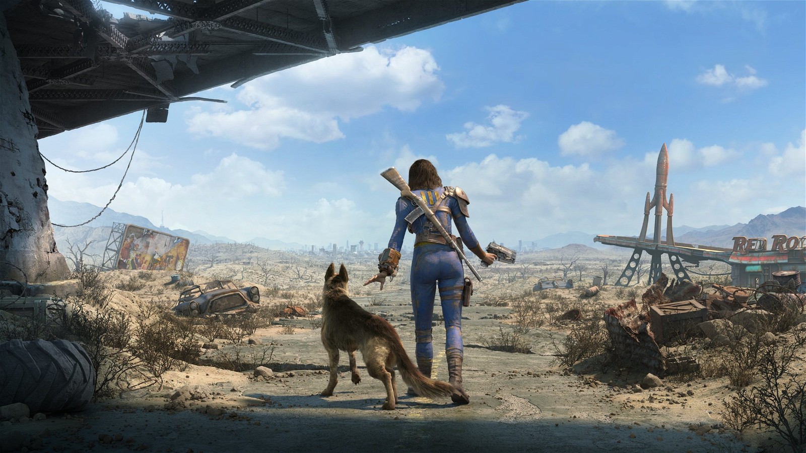 The protagonist walks with her dog to the nuclear Wasteland in Fallout 4