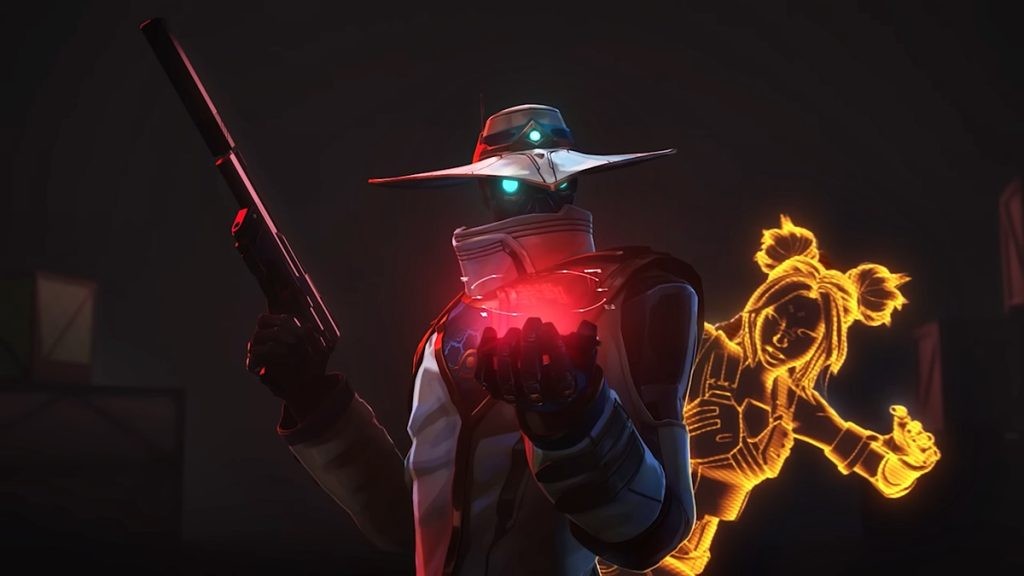Screenshot of a scene from Valorant's console launch trailer featuring Cypher and the silhouette of Neon.
