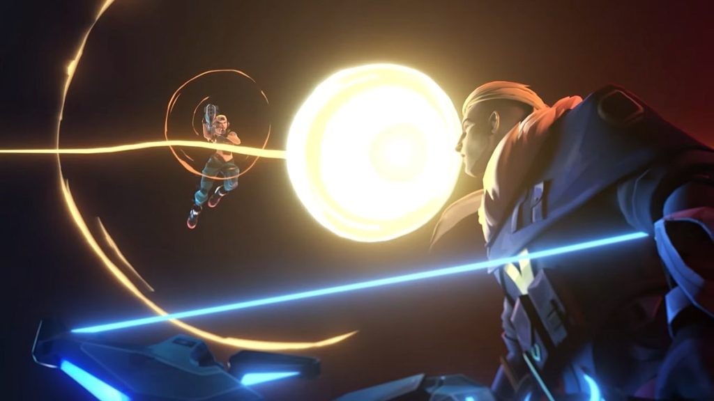 Screenshot of a scene from Valorant's console launch trailer featuring Raze using her ultimate on an oblivious Sova.