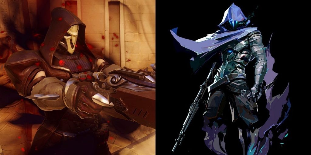 An image comparing the design similarities between Overwatch's Reaper and Valorant's Omen.
