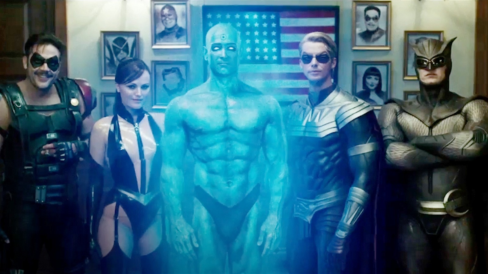 A still from the Zack Snyder Watchmen movie featuring its full cast in costume